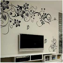 跨境高级感墙贴黑色蝴蝶对角花藤客厅电视机背景可移除装饰贴批发