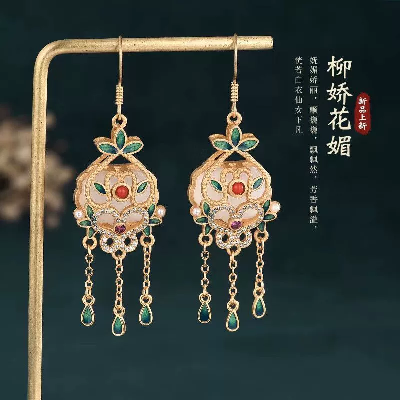 Китайские серьги, эмаль, китайский стиль, серебро 925, орхидея