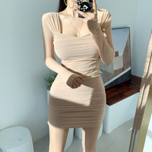 韩国东大门春夏新款气质显身材方领包臀显身材修身网纱长袖连衣裙