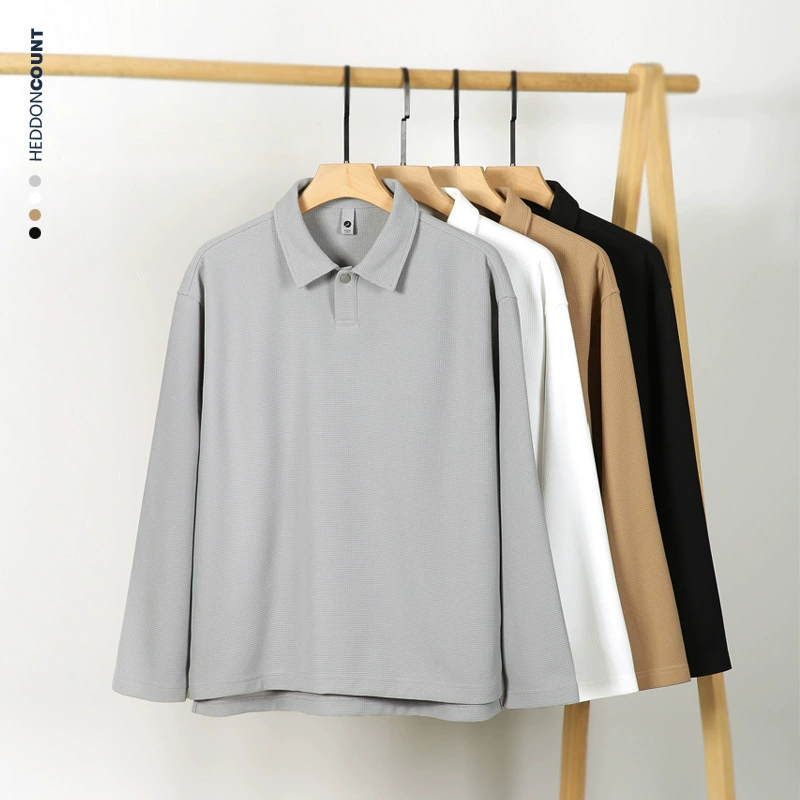 Penjiro мужская рубашка поло мужской 2025 новый осенний 280g вафли рубашка с длинными рукавами свободные мужские футболки с отворотом