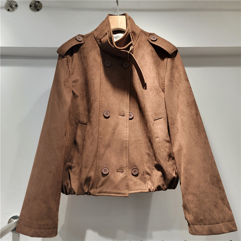 2026 primavera nuevo retro cuello corto chaqueta corta mujer de pelusa dobles hebillas chaqueta de locomotora