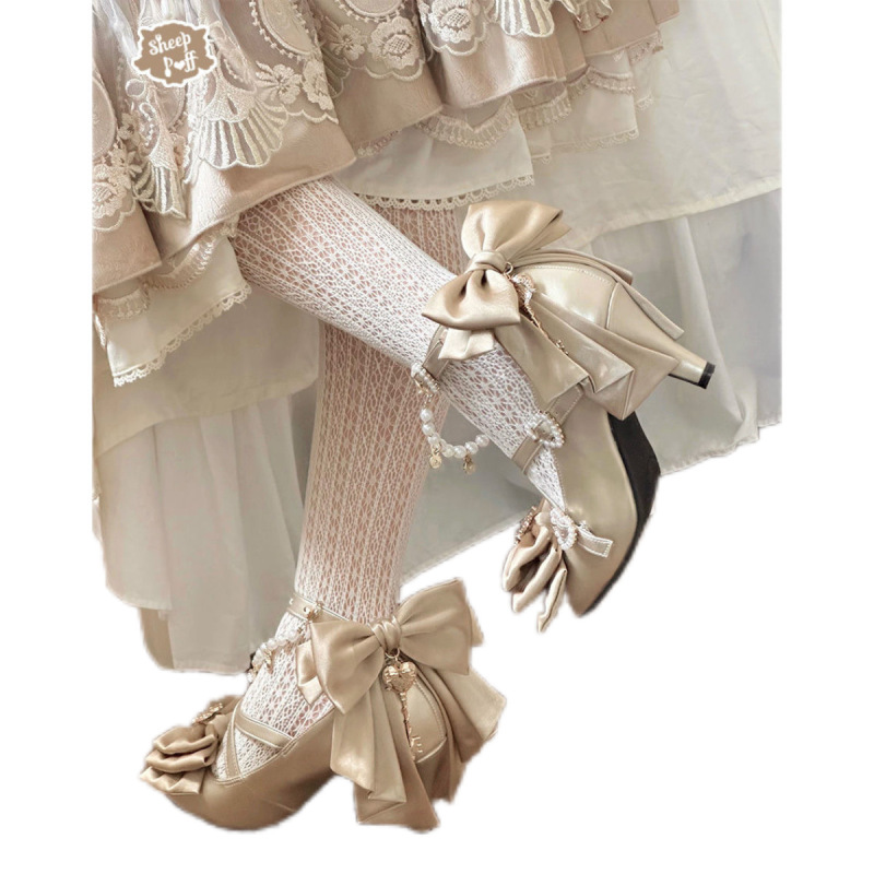 New Style【Witch's Key】Trailing Bow Low-Heeled Soft Girl Elegant Lolita Bow Shoe Clip High-Heeled Shoes