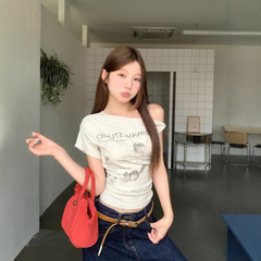 アメリカンホットガール子猫プリントオフショルダー半袖Tシャツレディース夏デザインニッチオフショルダースリムショートトップ