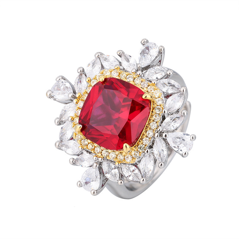 Zhuang Sheng joyas cobre inferior chapado en oro joyería traje simulación color rojo corindón tesoro retro grasa traje cuadrado femenino 10*10