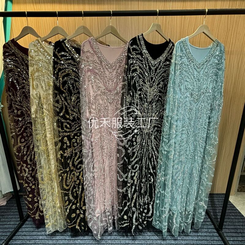 Foreign Trade Cross-Border European and American Style Banquet Dress with Heavy Mesh Embroidery and Beading, High-End Long Gown, New Women's Cover-Up Dress Foreign Trade Cross-Border European and American Style Banquet Dress with Heavy Mesh Embroidery and Beading, High-End Long Gown, New Women's Cover-Up Dress