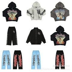 潮牌MIXED EMOTION新款字母刺绣烫钻休闲长裤宽松开衫连帽卫衣男