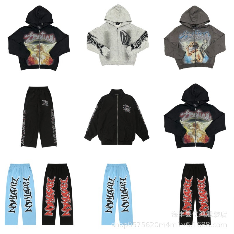 트렌디 브랜드 MIXED EMOTION 신상 레터 자수 큐빅 장식 캐주얼 바지 루즈핏 후드티 남성용