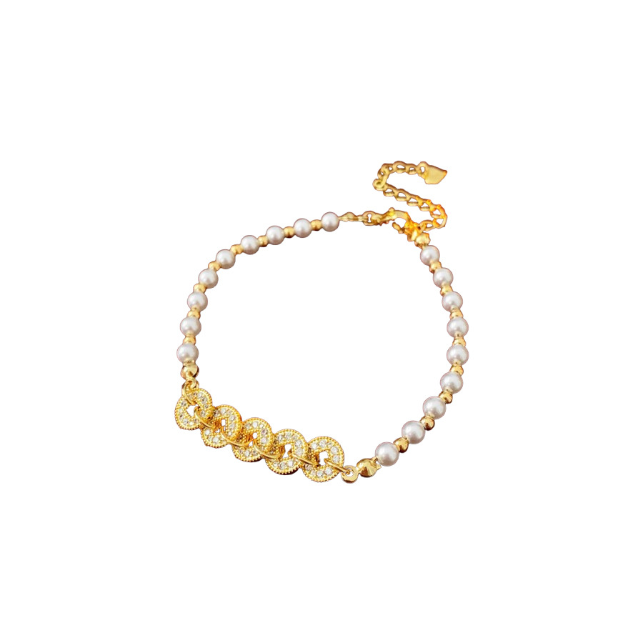 Zircon moneda de cobre, perlas, pulsera con cuentas, nuevo estilo chino, todo fósforo, pulsera retro, lujo ligero, sentido de alta gama, joyería de moda nacional al por mayor