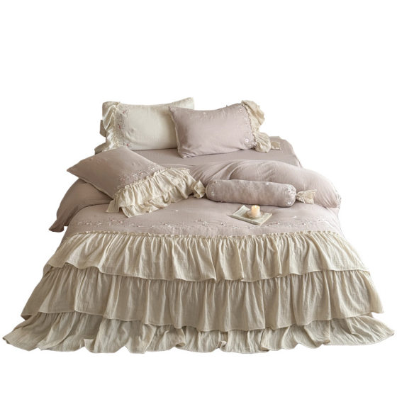 French Princess Style Cotton Double-layer Yarn Four-piece Set Breathable Soft Cotton Ruffled Embroidered Quilt Cover Bedding