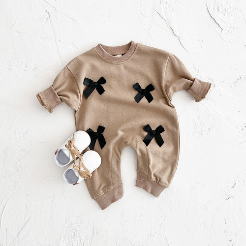 Spring and Autumn Newborn Baby Girl Butterfly Bow Round Neck Long Sleeve Bodysuit for Infants