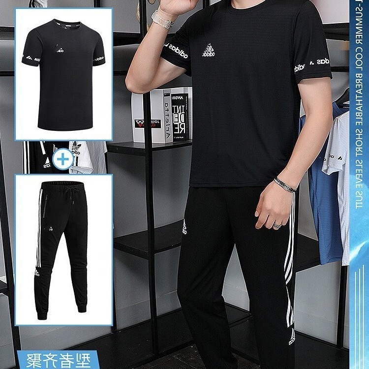 High-Quality Ice Silk Sports Suit for Men and Women, Summer Round-Neck Short-Sleeve T-Shirt, Versatile Long Pants, Trendy Two-Piece Set High-Quality Ice Silk Sports Suit for Men and Women, Summer Round-Neck Short-Sleeve T-Shirt, Versatile Long Pants, Trendy Two-Piece Set