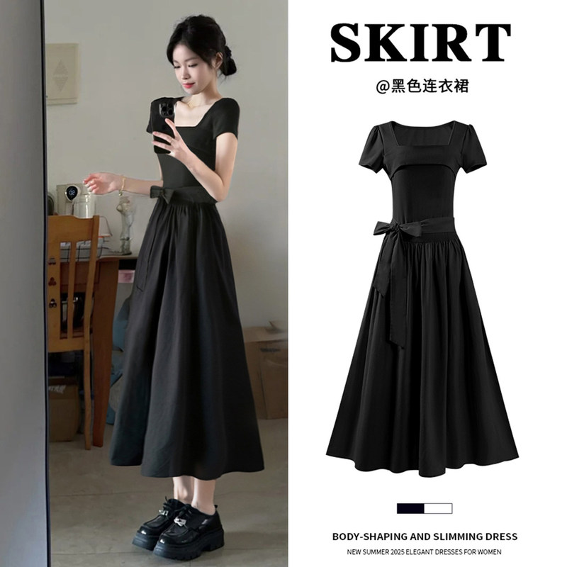 Black Dress for Women, Summer Style, Waist-Cinching A-Line, Korean Style, Very Stylish, High-End Look, Long Dress for Petite Figures