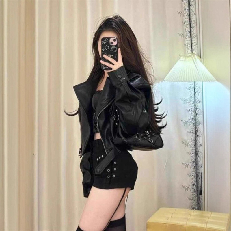 美式辣妹黑色皮衣外套女2025秋季小个子短款机车PU皮夹克甜酷上衣|undefined