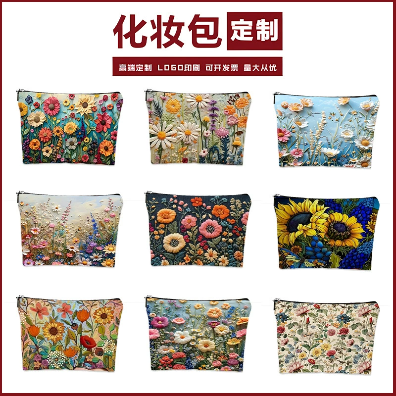 Популярная трансграничная холщовая косметичка с цветочным принтом, косметичка, косметичка большой емкости для губной помады, по индивидуальному заказу по чертежам