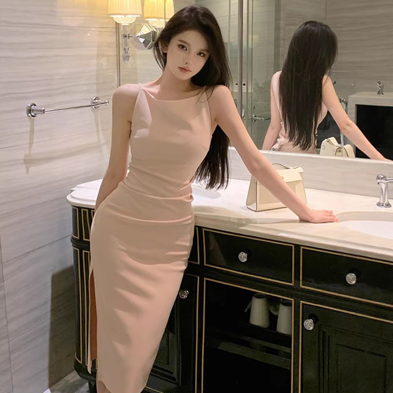 French Style Beautiful Off-shoulder Pink dress Women's Summer Slim-fit Tight Waist Sweet Spice Girl Sexy Suspender Hip Dress