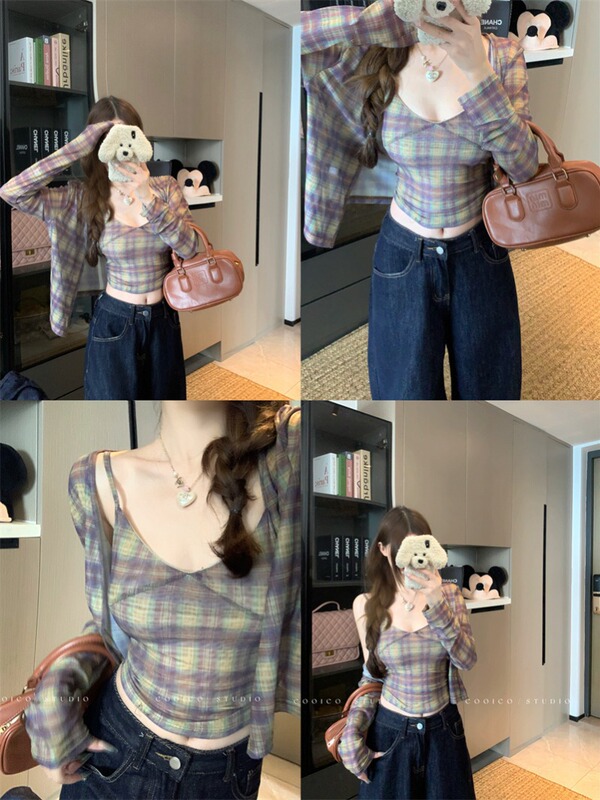 复古格纹长袖开衫外套女秋季休闲套装辣妹短款吊带背心上衣两件套|undefined