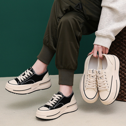 Inside first layer sheepskin canvas shoes 2024 spring and summer new women's heightening thick-soled shoes women's casual and versatile shoes for women