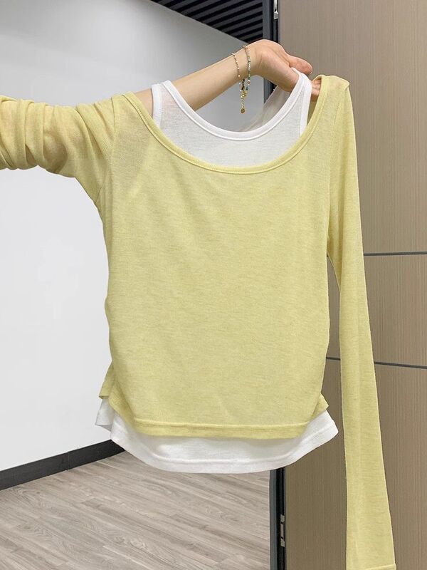 【自社工場在庫あり】フェイクツーピースコントラストカラー長袖Tシャツレディースプリーツウエスト痩身インナーベストトップ|undefined