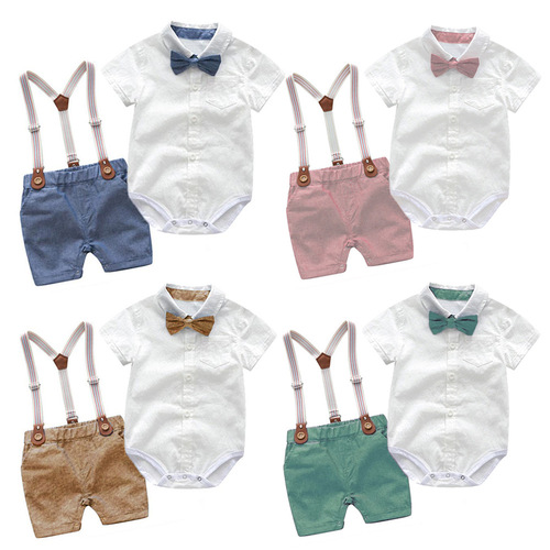 Foreign trade summer baby boy gentleman suit baby romper overalls two-piece set British style handsome dress dropshipping