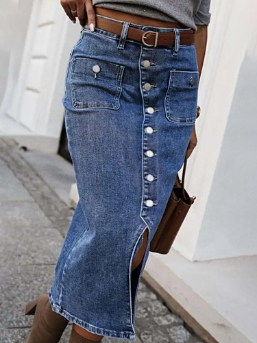 Blue Buttoned Mid-Length Western Cowboy Skirt TEMUSHEIN Independent Store Bestseller
