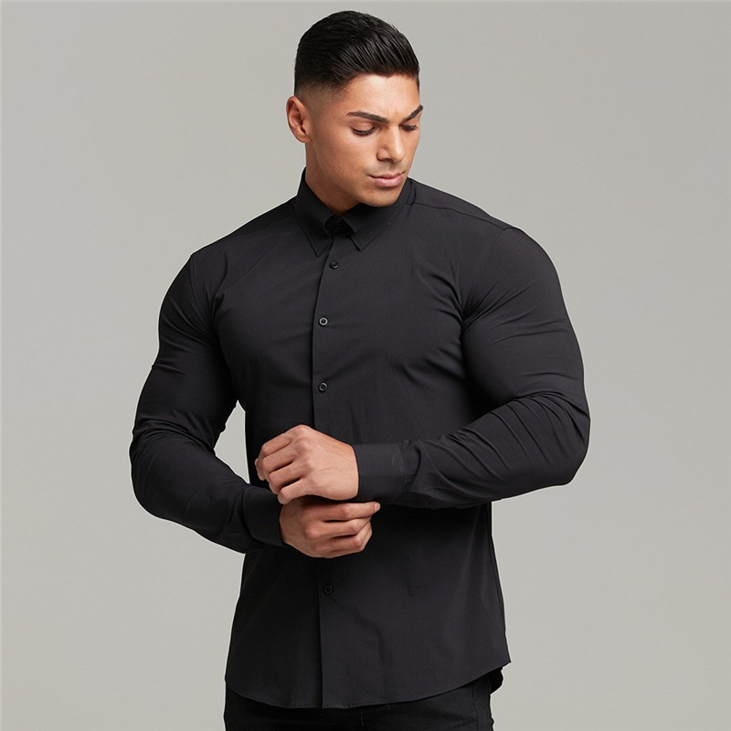 Músculo de los hombres de moda de deportes casual Camisa de manga larga de solapa micro elástico Delgado fitness cardigan negocio no planchar camisa