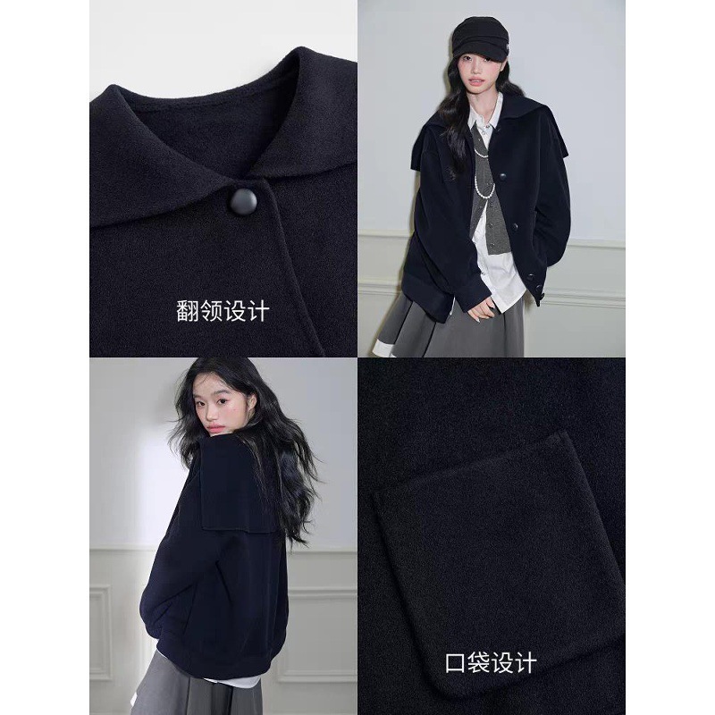 翻领斗篷羊毛短款呢子大衣女25秋冬季新款藏蓝色双面毛呢外套|undefined