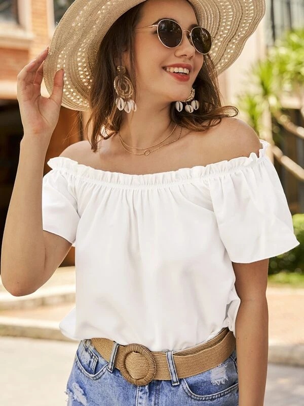 Women's Blouse Short Sleeve Blouses Ruffles Sexy Solid Color display picture 2