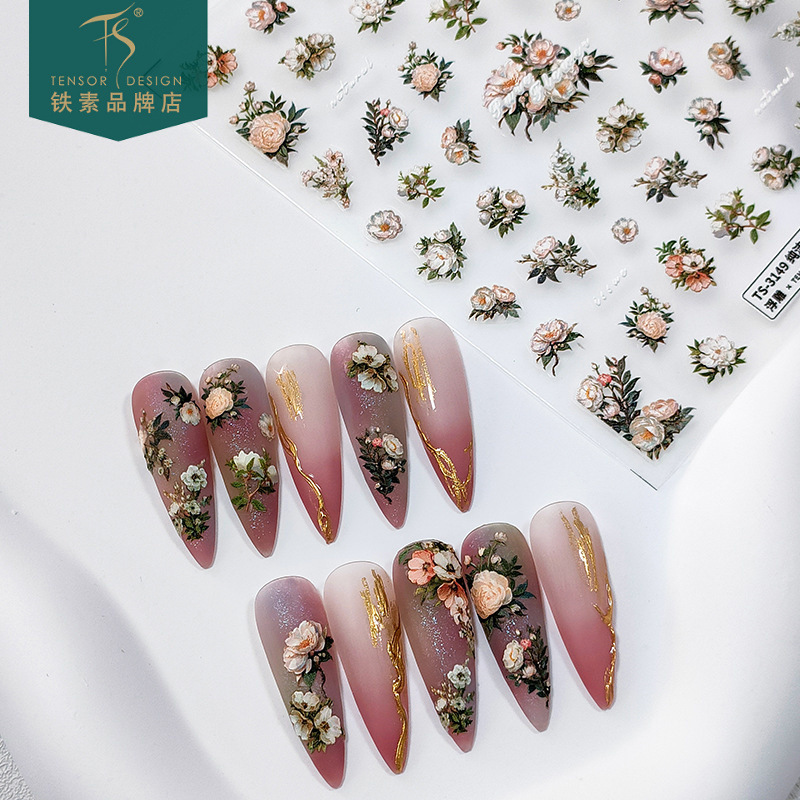 TENSOR Japonés 5D flor etiqueta engomada del clavo pro esmerilado Delgado pegamento trasero transparente Delgado resistente pegatina TS-3148 flor pura