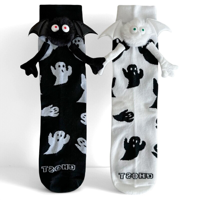 Cross-Border Ghost Halloween Socks Magnetic Hand-Holding Socks Amazon Hand-Holding European Size Large Size Couple Black and White Mid-Calf Socks