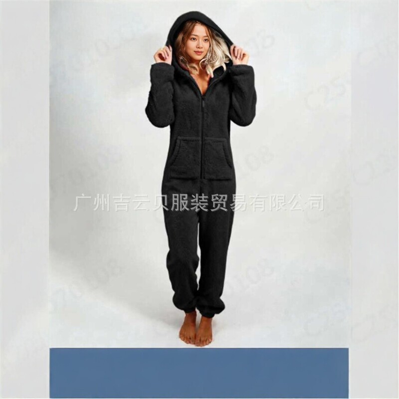 New autumn and winter women's hooded plush jumpsuit, casual warm loungewear, long-sleeve cardigan style