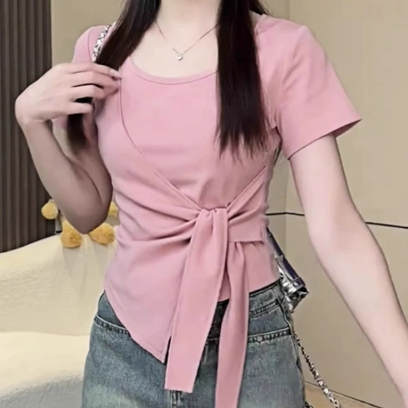 Женская рубашка с короткими рукавами и разрезом на талии, лето 2025, новый модный стиль, топ для похудения