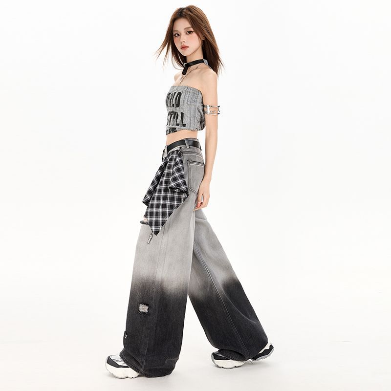 2025新款黑灰色渐变辣妹美式复古高街破洞牛仔裤女夏薄款阔腿宽松|undefined
