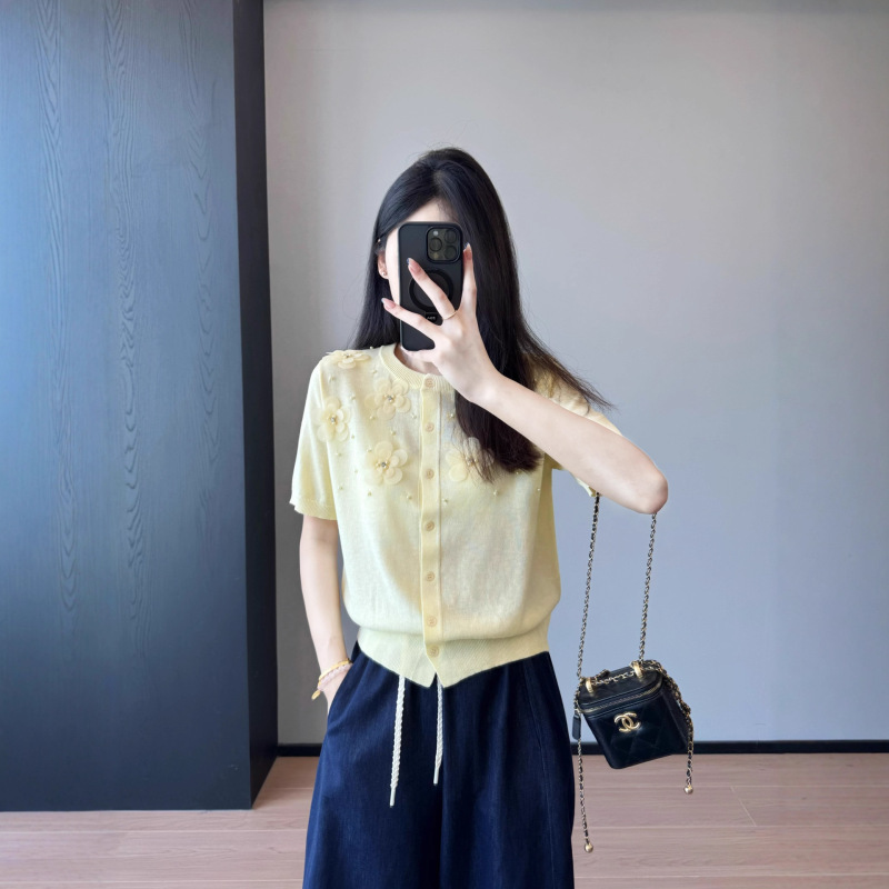 立体花瓣！精致风立体花朵钉珠天丝亚麻透气针织开衫女秋|undefined
