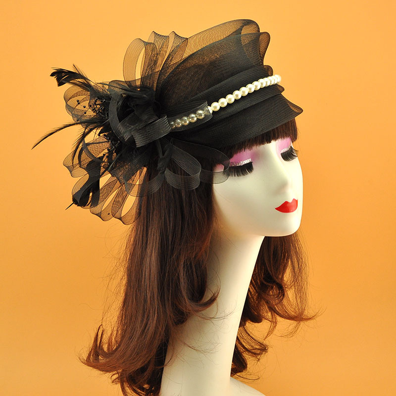 Amazon popular tocado de malla de Europa y América arco Festival de Carreras de Caballos sombrero de copa de novia tocado Flor de plumas tocado accesorios para el cabello