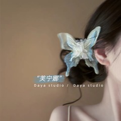 古風グラデーションブルー蝶ヘアピン雰囲気感パーマサイドクリップ小衆デザインクリップ高級感ヘアアクセサリー新品