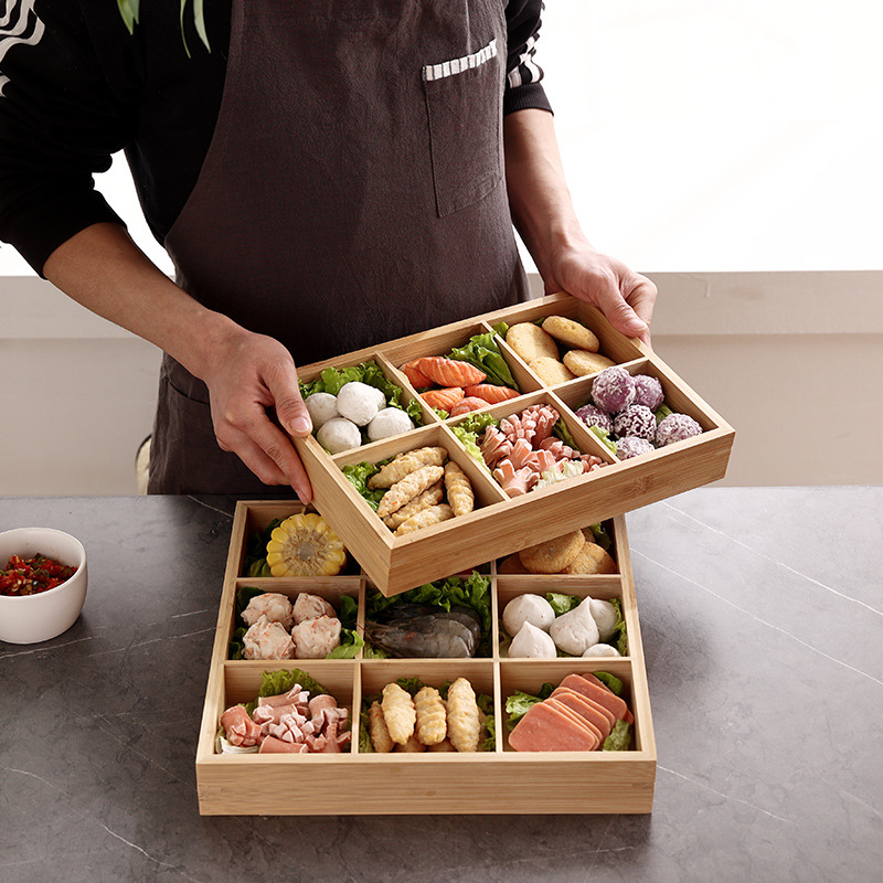 Japanese-style hot pot side dish set with grilled meat restaurant tableware food box plate wooden vegetable platter set 9-grid tray
