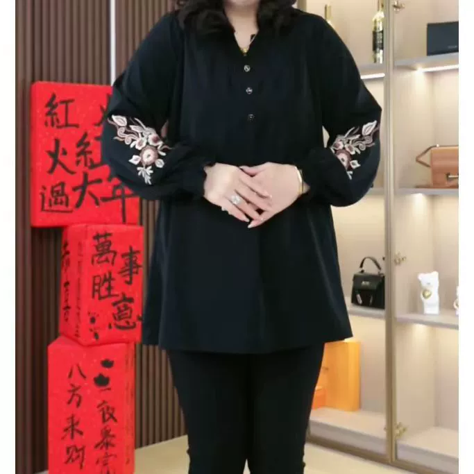 2025秋冬新款时尚刺绣复古气质雪纺宽松百搭遮肉衬衫上衣大码女装