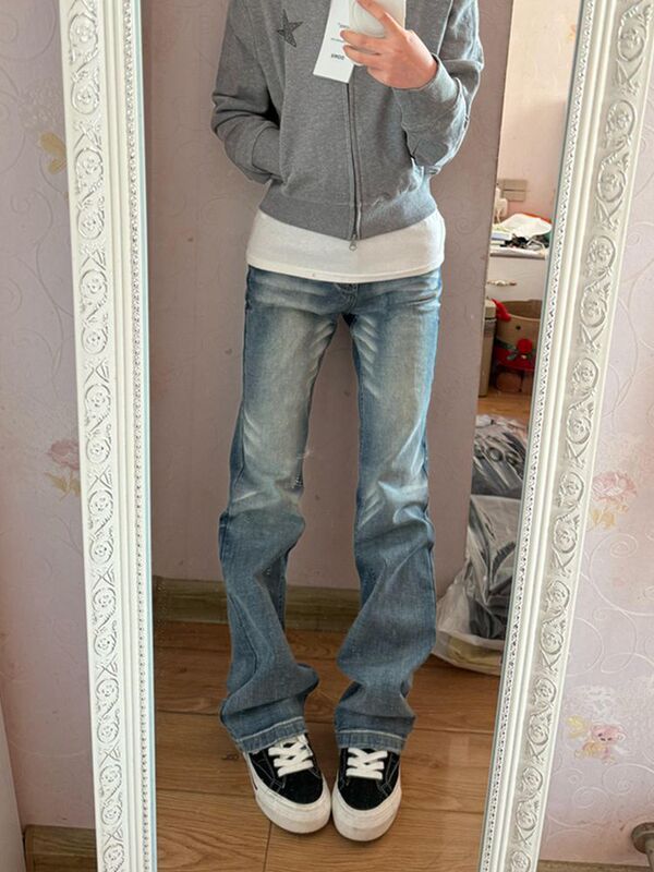 American Retro Niche Spicy Girl Low-Waist Slim Straight-Leg Jeans for Women, Summer Slim-Fit Elastic Flared Pants