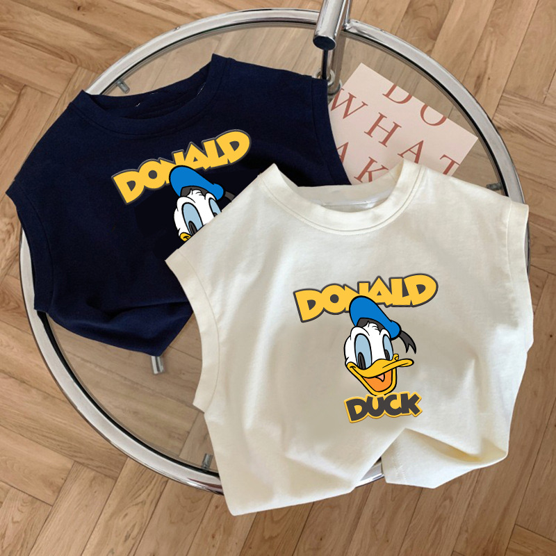 2026 Cute Cartoon Donald Duck Children's Sleeveless T-Shirt, Summer Outfit for Toddlers and Young Children