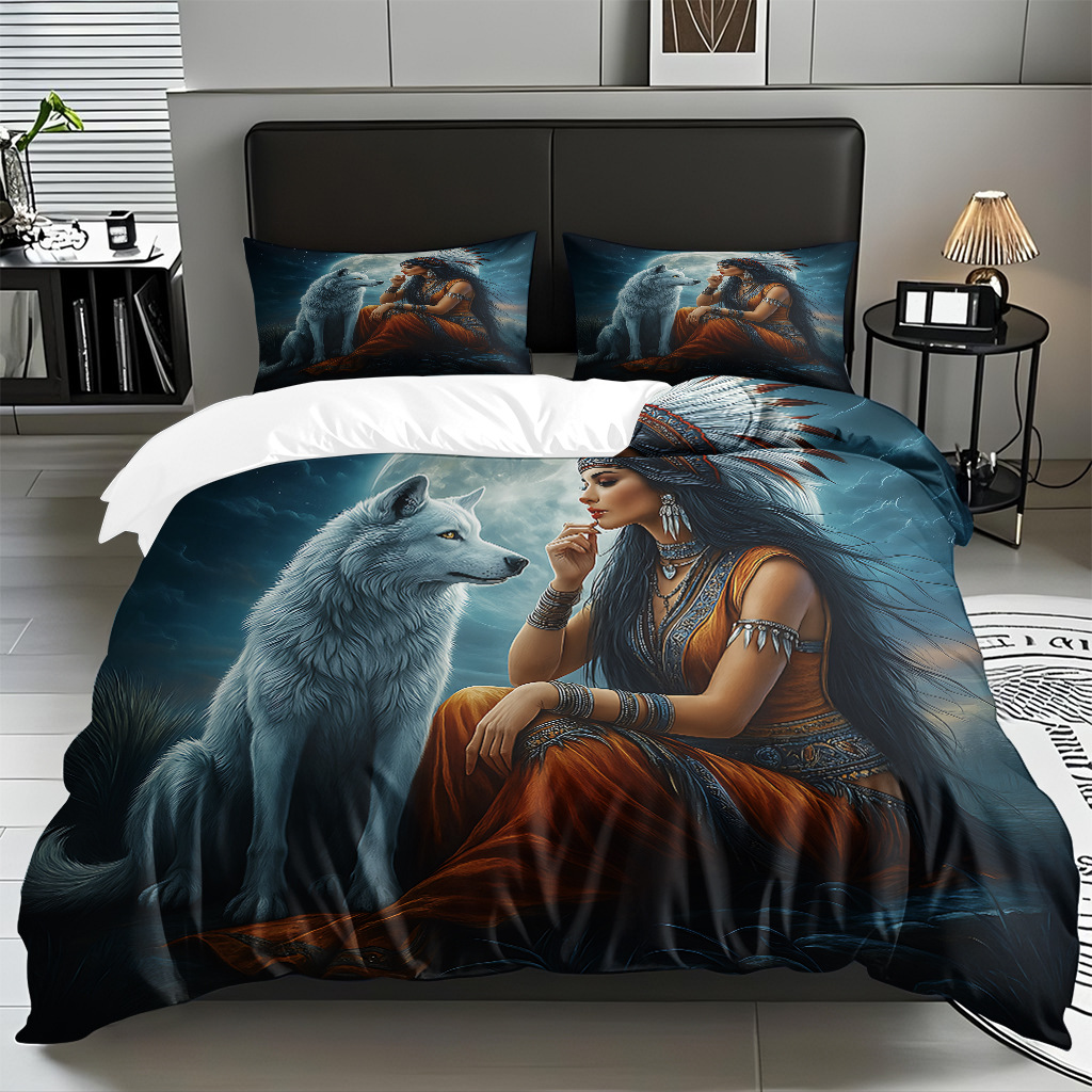 TEMU / JIT adaptado al patrón de lobo impresión digital set edredón molido textil transpirable para dibujar puede hacer