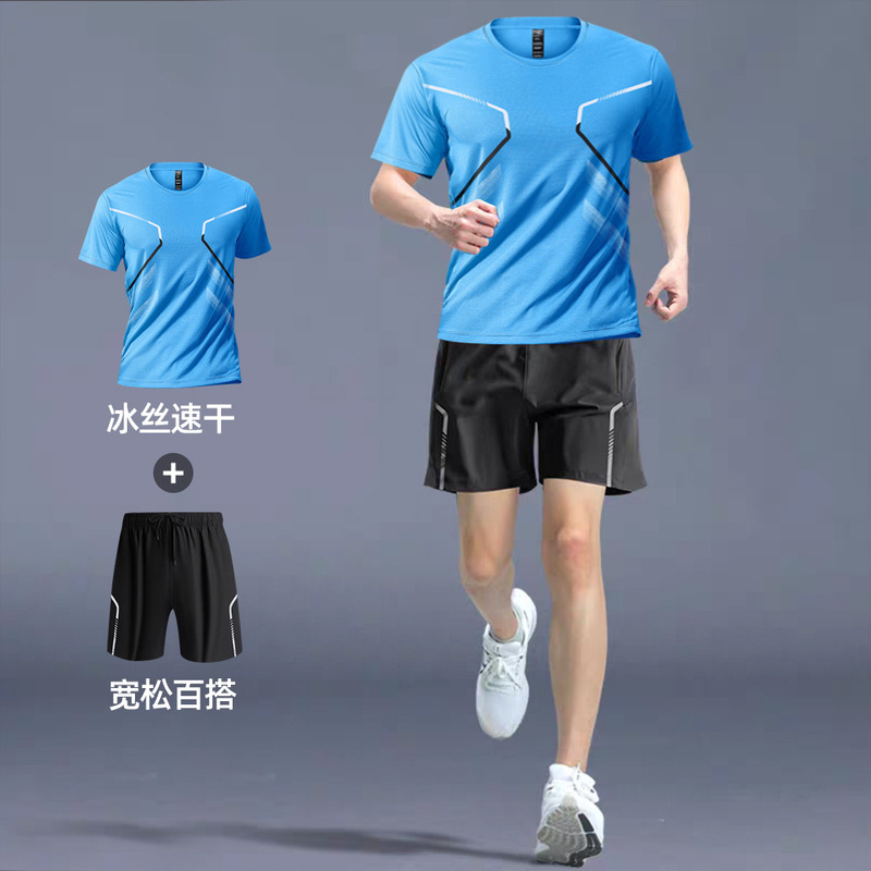 速乾性 Tシャツメンズスポーツスーツルーズアイスシルクランニングスーツカップル夏のアウトドアフィットネススーツ半袖スーツ|undefined