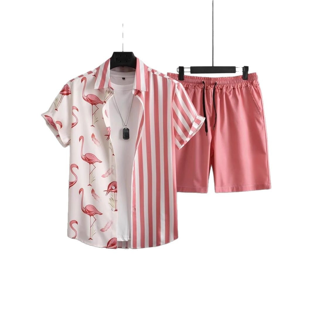 Grulla de corona roja contraste color rayas impresión digital 3D Xiyin venta caliente camisa de verano pantalones cortos conjunto vacaciones en la playa