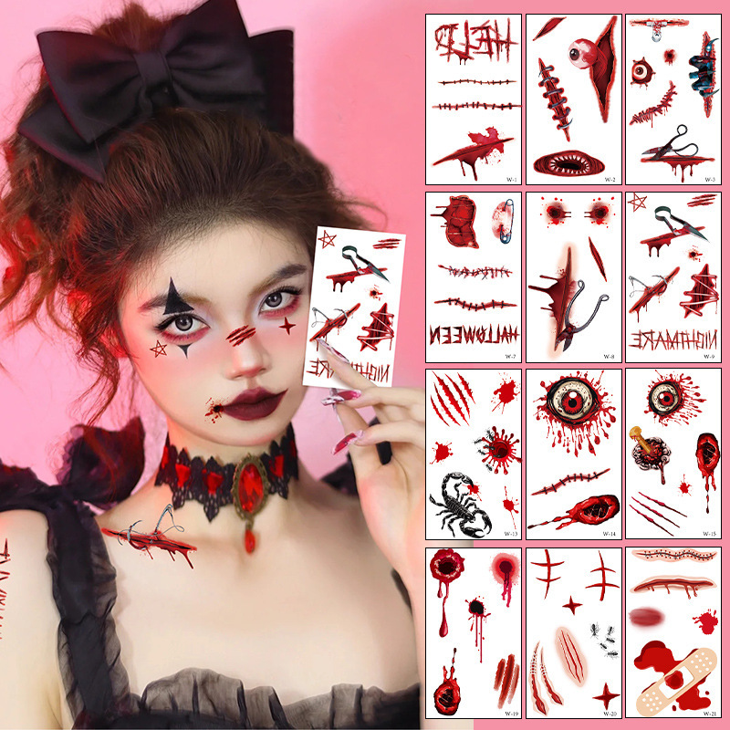 Halloween Tattoo Sticker Horror Surgical Wound Scar Sticker Party Men and Women Funny Face Sticker Simulation Fake Wound Scar