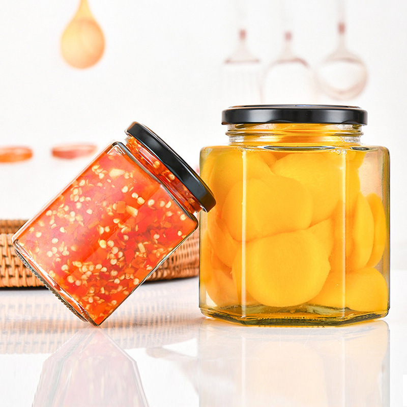 六棱玻璃酱菜瓶 带盖辣椒酱瓶透明果酱瓶泡椒瓶黄桃罐头分装空瓶
