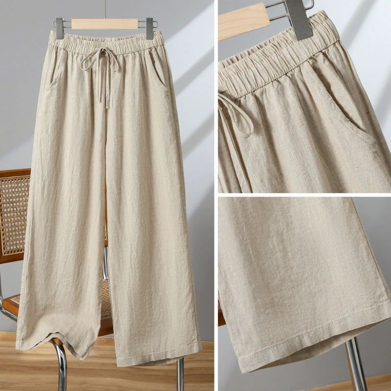 2025 весна и лето новый ретро национальный стиль сплошной цвет хлопка и конопли свободные эластичный пояс прямые брюки с высокой талией укороченные брюки женские