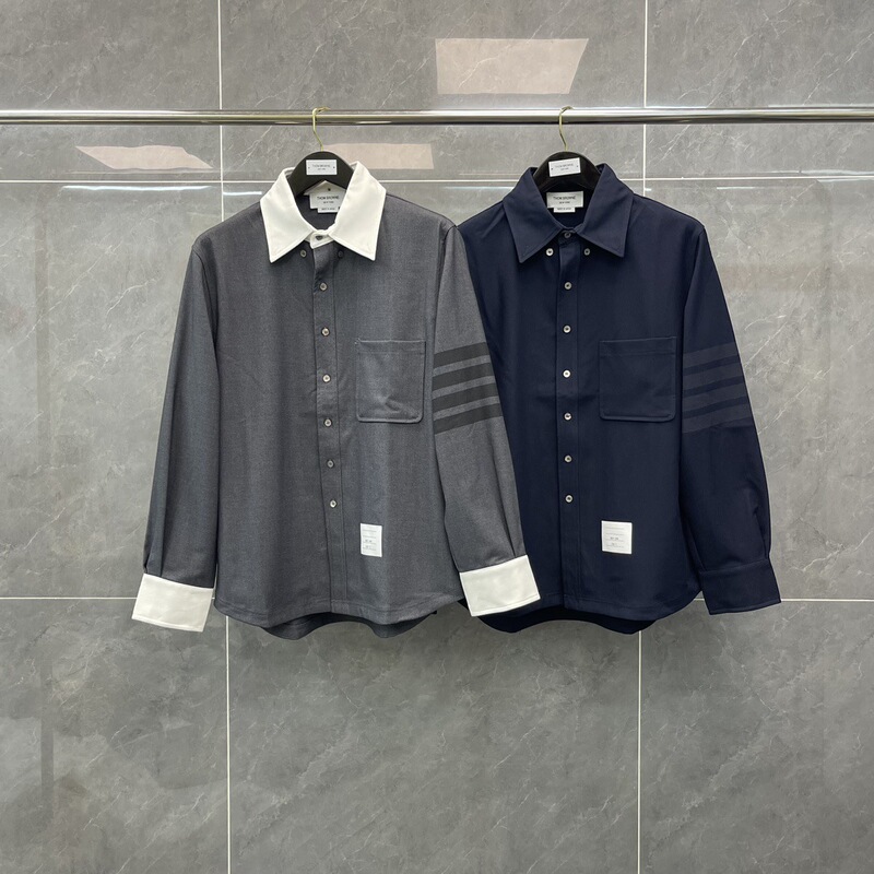 Trendy TB Autumn Striped Four-bar Patchwork Wool Twill Blend Shirt Jacket Slimming All-match Unisex Trendy TB Autumn Striped Four-bar Patchwork Wool Twill Blend Shirt Jacket Slimming All-match Unisex