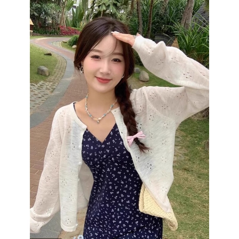 Thin Versatile Sun Protection Air-Conditioning Shirt for Women Summer Chic Crochet Cut Out Knitted Cardigan Slimming Look Loose Outer Top