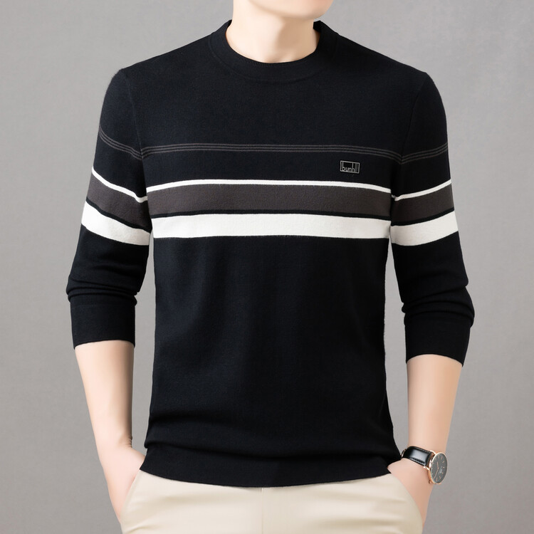 New Autumn Men's Long-Sleeved Knitwear with Contrasting Jacquard Casual Round Neck Silk Velvet Knitwear Bottoming Shirt
