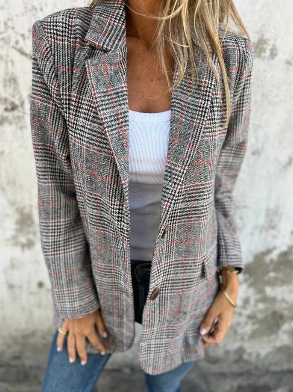 Saco Blazer con Estampado Pata de Gallo de Poliéster con Solapa para Otoño e Invierno