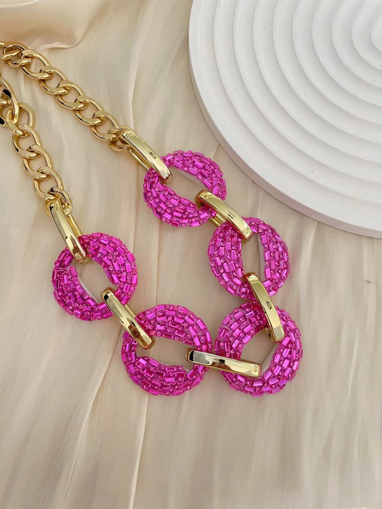 Alloy Chain Material 1 Piece Quantity Hip-Hop Solid Color Rhinestones Artificial Crystal Copper Wholesale Necklace